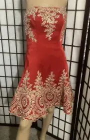 Mon Cheri Beaded Embroidered Metallic Strapless Red Party Prom Dress SZ 4
