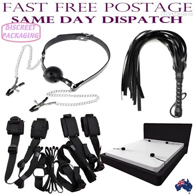 Under Bed Restraints Open Mouth Gag Whip BDSM Sex Toy Nipple Clamp Couples Kit