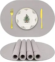IYYI Silicone Placemats, Oval Placemats for Dining Table, Dishwasher Safe Table Mats Waterproof Non-Slip Kids Placemats Set of 4 （Light Gray-line）