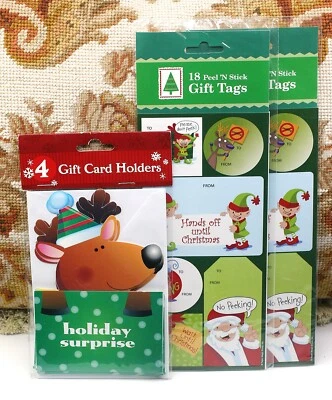 CHRISTMAS HOLIDAY PEEL N STICK GIFT TAGS PLUS 4 GIFT CARD HOLDERS