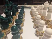 Chess Piece set - Emerald Green Luster and Ultra White Pieces w Gold Leaf Base