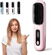 Numoya Go Brush Pro | Portable Hair Straightener Brush, Rechargeable & Cordless, Fast Heating, Mini Travel Size, For All Hair Types & Styling Needs (Pink)