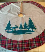 PLAID PINE TREE FELT BURLAP CABIN DESIGN CHRISTMAS TREE SKIRT 42" DIAMETER