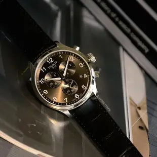 【TISSOT 天梭】Chrono XL 銀框 三眼計時 黑面皮革手錶 男錶 母親節(T116.617.16.057.00)