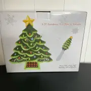 At Home by Mirabeau Farmhouse Christmas Tree Plate with Spreader Green Black New