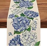 Seliem Spring Hydrangea Floral Flowers Table Runner, Blue Butterfly Kitchen Dining Table Decor, Seasonal Summer Burlap Home Decoration Indoor Outdoor Party Supply 13 x 36 Inches