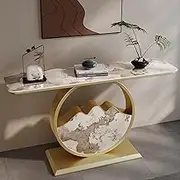 HOLGVE Console Table, Contemporary Accent Table, Sofa Table, Entryway Table, Behind Couch Table, Metal Frame Hallway Table, Slate Countertop Foyer Table(Gold-B,59inch/150cm)