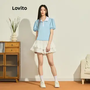 Lovito 女款可愛素色拼色羈扣 T恤 L73AD012