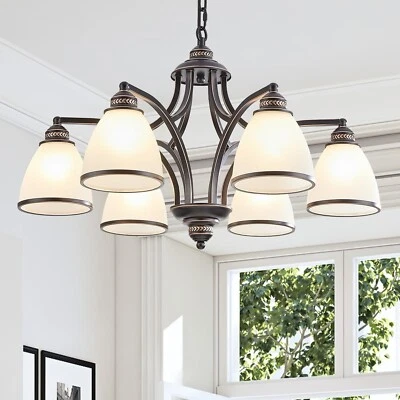 BEIOPBRN 6-Light Chandelier with Frosted Glass, Black and Gold strokes 30"