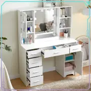 Large Vanity Makeup Desk with 10 LED Bulbs Mirror 6 Drawers Dressing Table White