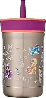 Contigo Leighton Stainless Steel Kids Water Bottle with Spill-Proof Lid & Straw, 12oz Water Bottle with Straw for Kids Keeps Drinks Cold up to 13 Hours, Great for School, Travel, & Home, Coral/Grape