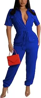 [ZonJie] Women's Summer Casual Jumpsuits Short Sleeve Button Up Cute Loose Drawstring Waist Wide Leg Jumpsuit Romper, 923blue a, Large