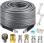 Sewer Jetter Kit 100 FT for Pressure Washer, 5800PSI Drain Cleaner Hose 1/4 Inch NPT, Corner, Rotating & Button Nose Sewer Jetting Nozzle with Spanner Watertight Tape Pearl Corsage Pin (Gray)