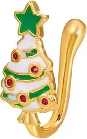 [Cykdohy] Christmas Tree U Shaped Goldtone Fake Nose Ring for Women Men Enamel Tiny Hoop Clip On Bendable Faux Septum Nose Cuff Rings Studs Xmas Party Holiday Festival No Piercing Body Jewelry, Copper,