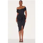Black Corset Bardot Draped Midi Dress, Black