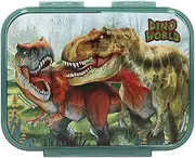 Depesche 13401 Dino World Bite Lunch Box in Dark Green with Dinosaur Motif and Landscape, Lunch Box with 3 Compartments and Hinged Lid