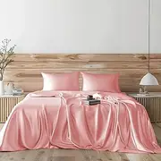Candoury Satin Sheets Queen Bed Set 4 Pcs, Soft and Durable Pillowcase, Flat Sheet and Fitted Sheet, Hotel Luxury Silky Satin Sheets Set(Queen, Blush)