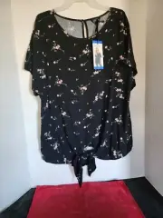 4019. NEW "BUFFALO" DAVID BITTON TIE FRONT BLOUSE SIZE L BLK FLORAL