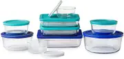 Pyrex 1128223 Simply Store Glass Food Containers with BPA Free Plastic Multi-Coloured Lids, (18-Piece set)