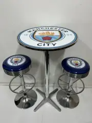 MANCHESTER CITY EPL PREMIUM BAR STOOLS X 2 AND TABLE ADJUSTABLE HEIGHT