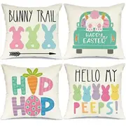 Easter Pillow Covers Easter Decorations for Home Bunny Truck Hello Peeps Hip Hop Pillows Easter Decorative Throw Pillows Spring Easter Farmhouse Decor (18x18" Set of 4)