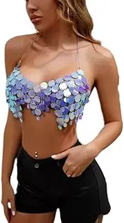 [Generic] Iridescent Blue Sequin Chain Halter top, Holiday Carnival Bra, Metal Party Clothing, Nightclub Sexy Sequin Halter Chain Women's Vest