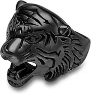 RIUKIU Vintage Tiger Head Ring, Fashionable Stainless Steel Men's and Women's Rings,Black,11