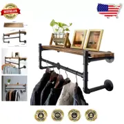 Space-Saving Industrial Pipe Clothing Rack - 24" Wall Mount with Shelf and Hooks