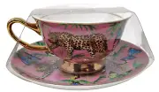Grace Teaware Tea Cup Saucer Set Leopard Jungle Cheetah Butterfly Pink Gold Trim