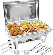 Chafing Dish Buffet Set, 12L Stainless Steel Rectangular and Buffet Warmer Sets for Catering,Foldable Set with 1/3 - Sized Food Pans (3X 4L), lids, and Fuel Holder. Ideal for Events, Parties
