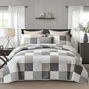 DUOHONG 100% Cotton Quilted Bedspread Coverlet Set King Size, King Lightweight Quilt with 2 Pillow Shams, Plaid Quilted Coverlet Bedding Set Bed Blanket for King Bed, Brown/Gray