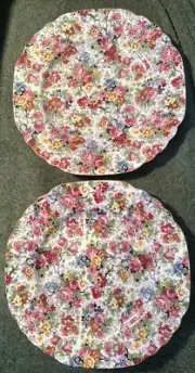 Two's Company Set Of 2 Square Round Plates Chintz Flower Rose Violet Pink Blue