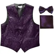 New Polyester Men's Tuxedo Vest Waistcoat & Bow tie_hankie Paisley dark purple