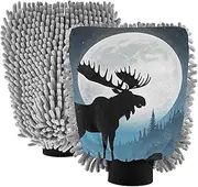 XYMZR Moose Moon Absorbent Microfiber Car Wash Mitt, Funny Cute Anime Scratch Free for Cars Cleaning, Home Cleaning Mitts, 2 Pack, 10.24” L x 7.09” W