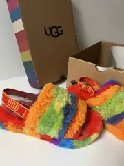 NEW UGG Fluff Yeah Slide Cali Collage Tye Dye Rainbow Size 4Y Women’s 6 EU 36