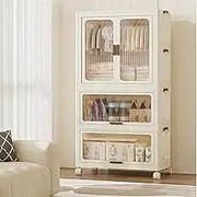 3 Tier Portable Wardrobe Closet, Collapsible Wardrobe Closet with Hanging Rod & 10 Hangers, Plastic Storage Box with Wheels for Bedroom Dormitory, Easy Installation