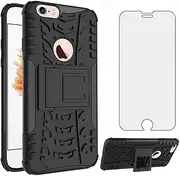 Phone Case for Apple iPhone 7 8 with Tempered Glass Screen Protector Cover and Stand Kickstand Hard Hybrid Cell Accessories iPhone7 iPhone8 i Phone7case Phone8case Phones8 i7 i8 7s 8s Cases Men Black
