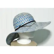 Roxy Women's Staw Weave Sun Hat Blue White One Size Leather Detail Big Floppy