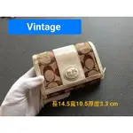 愛心捐贈❤️義賣二手真品COACH VINTAGE 馬車厚中夾牛皮真皮老花緹花布 零錢中夾 正品 已洗