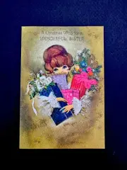 1 VTG Unused Xmas Greeting Card Pretty Lady Carrying Too Many Xmas Presents