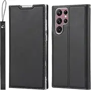 for Samsung Galaxy S22 Ultra 5G Case(6.8"),Cavor Folio Flip Leather Wallet Phone Case Stand Card Holder Magnetic Closure Clear TPU Bumper Slim Thin Cover Case with Wristlet Strap- Black