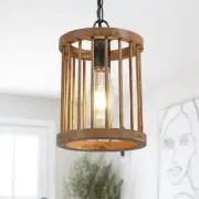 Retro Farmhouse Wood Chandelier 1-Light Round Cage Pendant Light Fixture for ...