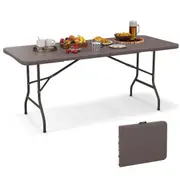 Costway 1.8M Outdoor Portable Folding Picnic Table Patio Wood Dining Table w/Carrying Handle & Safe Lock Brown