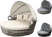 ALFORDSON Sun Bed Sofa 3PCs with Adjustable Canopy, Wicker Outdoor Tanning Lounger with Fabric Seat Cushions & Pillows, Steel Frame Lounge Chair Furniture for Garden Pool Patio Backyard, Grey Beige