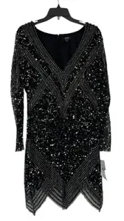NEW Aidan Mattox V-Neck Long Sleeve Beaded Mesh Dress Sz 12 Black Silver Women’s