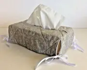 Tissue Box Cover Handmade Grey White Home decor Ribbon Leaf Pattern Kitchen