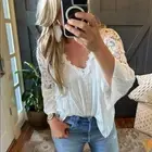 S New White Lace Cotton Flare Peasant Blouse Top Shirt Crochet Womens SMALL
