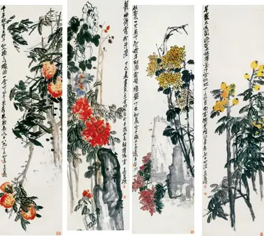 鄭板橋梅蘭竹菊四條屏28X103仿古畫復制花鳥畫寫意畫名人字畫名家| 銀