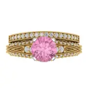 2.1ct Round Cut Pave Pink Stone Ring Band bridal Set 14k 2 Tone solid Gold