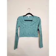 Arizona Jean Co Womens Green V-Neck Lace Sheer Stretch Crop Top Size Medium NWT